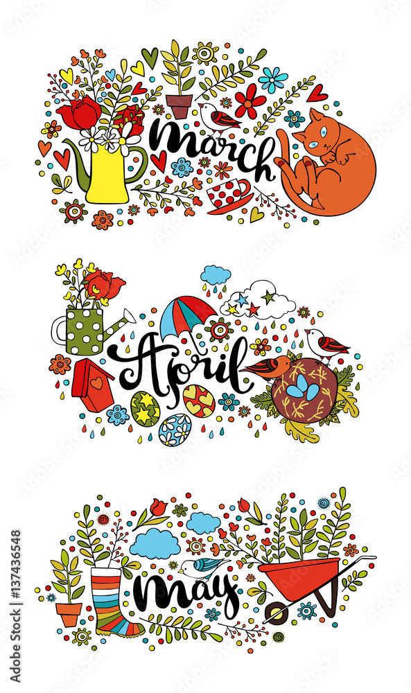 Spring months. March. April. May. Isolated vector object on white background. Spring months. March. April. May. Isolated vector object on white background.