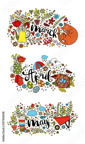 Spring months. March. April. May. Isolated vector object on white background.