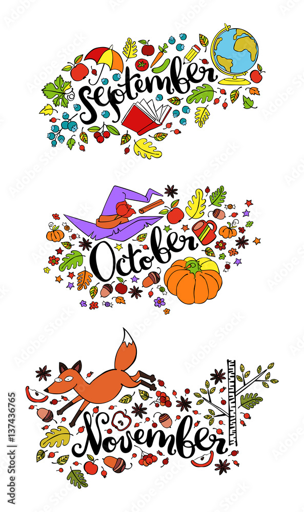 Autumn months. September. October. November. Isolated vector objects on white background.
