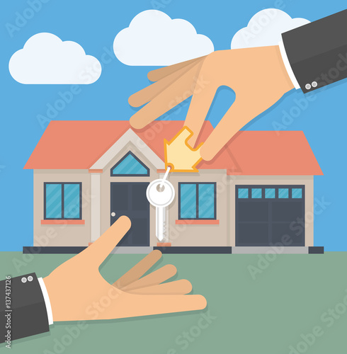 Real estate agent hand giving house key to his customer. Buying a new house and receiving house keys concept. Vector illustration in flat style