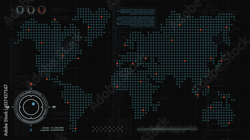 Futuristic background with HUD user interface elements and dotted world map