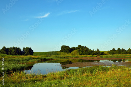 Summer serene landscape with lake and blue sky, nature background with copy space