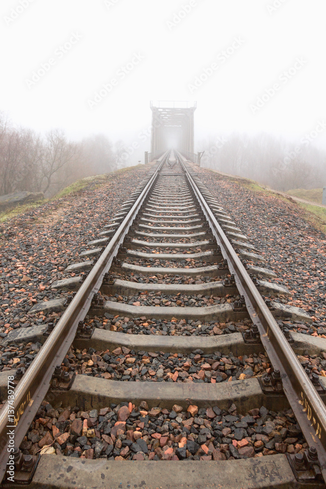 Fototapeta premium railroad goes into the mist. gray misty autumn morning.