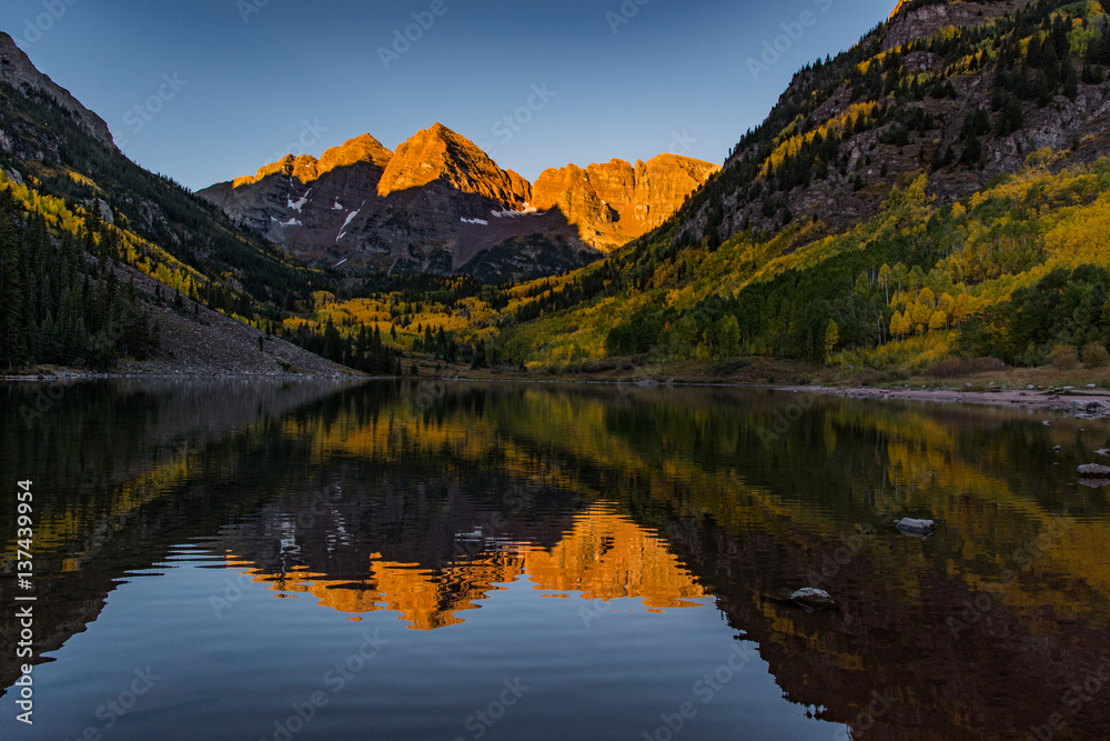 Maroon Bells with Fall Colors at Sunrise