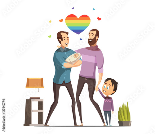 Gay Loving Family Retro Cartoon Illustration 