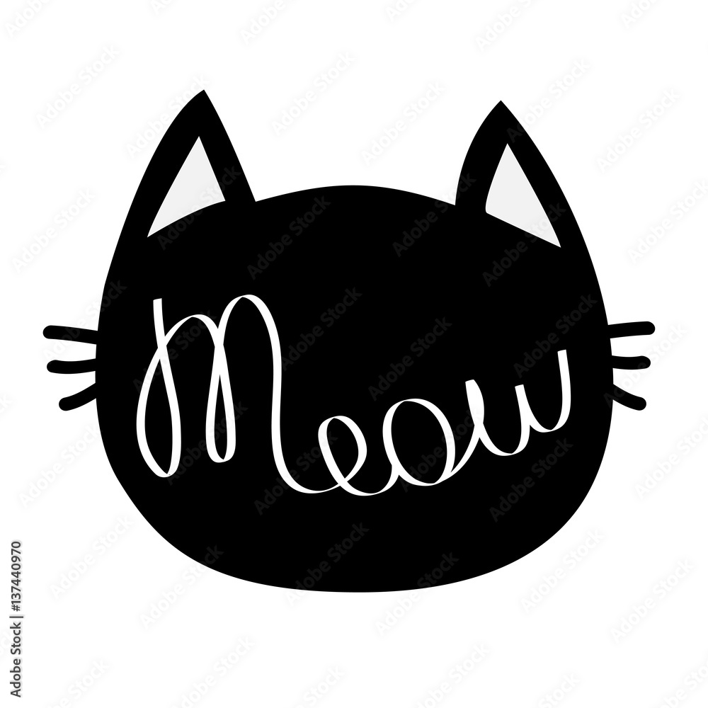 Black cat head. Meow lettering contour text. Cute cartoon character silhouette. Kawaii animal icon. Baby pet collection. Sign Symbol. Flat design style. White background. Isolated. Black cat head. Meow lettering contour text. Cute cartoon character silhouette. Kawaii animal icon. Baby pet collection. Sign Symbol. Flat design style. White background. Isolated.