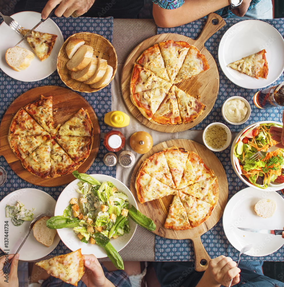 Meal Pizza Party Restaurant Salad Concept Meal Pizza Party Restaurant Salad Concept