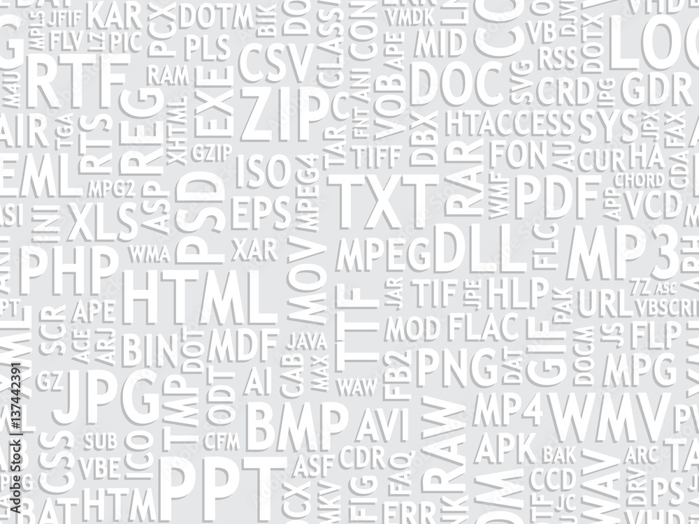 Seamless pattern design. File type names collage. White and grey colors, perfect for soft background. Vector illustration.