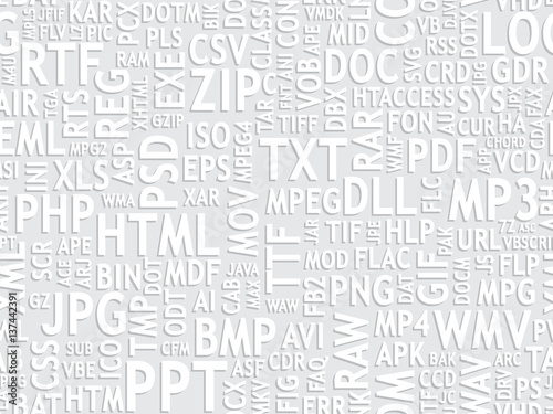 Seamless pattern design. File type names collage. White and grey colors, perfect for soft background. Vector illustration.