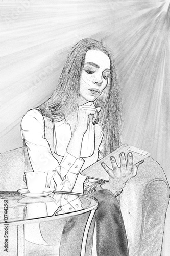 the girl sits in a chair, has coffee and watches the tablet,black-and-white drawing