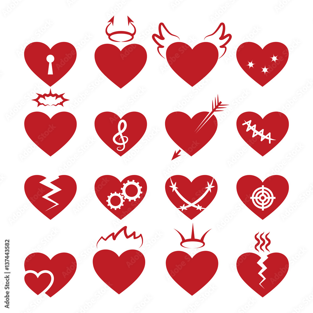 Simple abstract heart shapes icons. Vector burned and broken, pierced by arrow, keyhole hearts signs