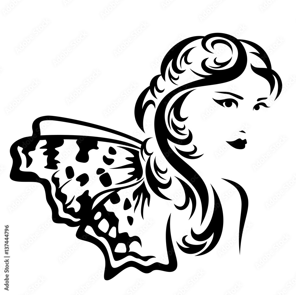 Obraz premium beautiful fairy tale woman with butterfly wings vector portrait