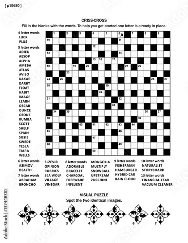 Puzzle page with criss-cross word game (English language) and visual puzzle. Black and white, A4 or letter sized.
