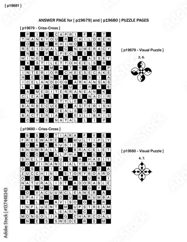 Answers for two puzzle pages with criss-cross and visual puzzles, or filled crossword grids and abstract design elements.
