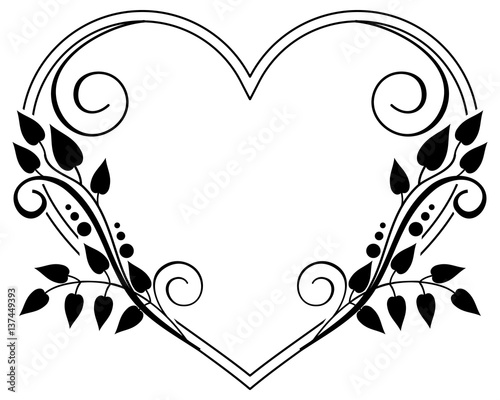 Heart-shaped black and white frame with floral silhouettes. Vector clip art.