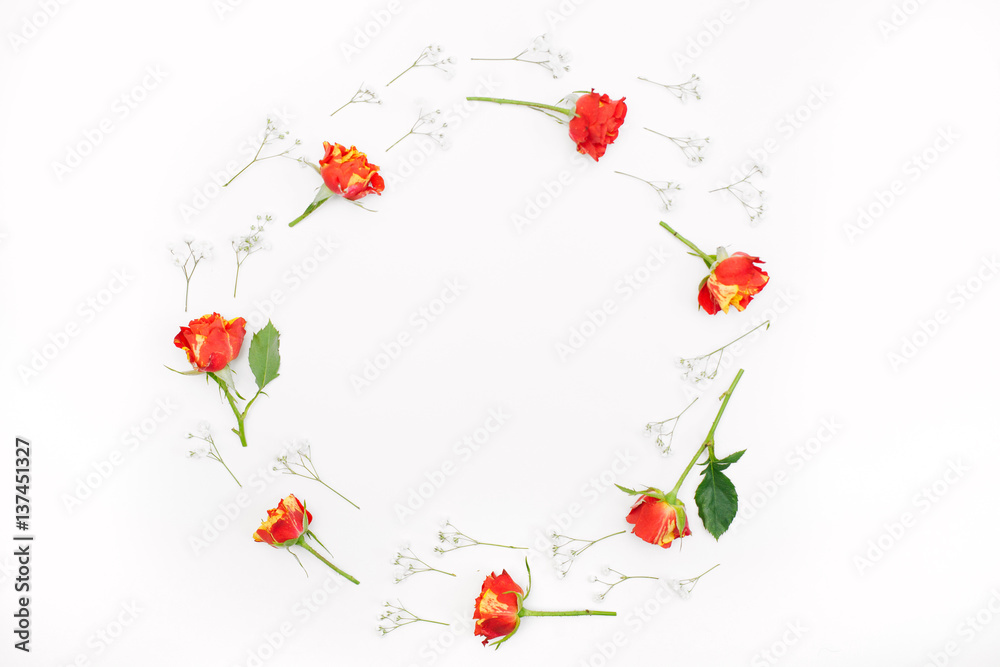 Creative flowers composition. Frame made of roses and leaves. Copy space, flatlay, top view, square. Concept of spring