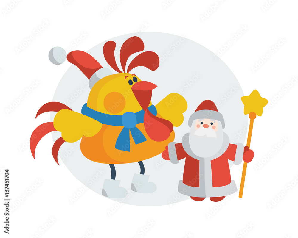 Rooster with Santa Claus Cartoon Flat Vector Icon Rooster with Santa Claus Cartoon Flat Vector Icon