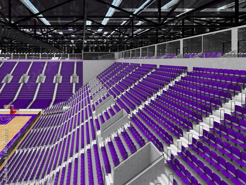Beautiful sports arena for basketball with purple seats and VIP boxes