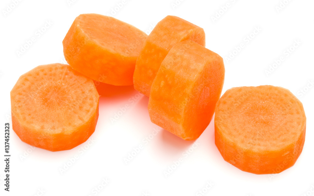 Chopped carrot slices isolated on white background cutout Chopped carrot slices isolated on white background cutout