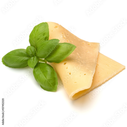 cheese slice and basil herb leaves isolated on white background cutout