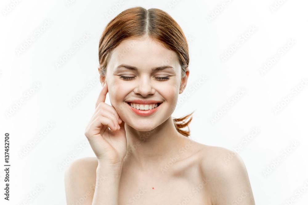happy red-haired woman with closed... happy red-haired woman with closed...
