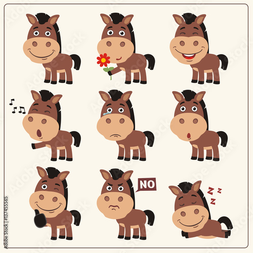 Funny little horse set in different poses. Collection isolated horse in cartoon style.