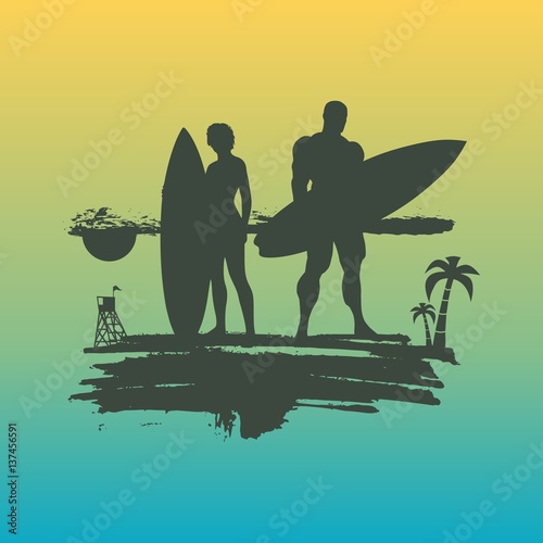 Woman and man posing with surfboard on grunge brush stroke. Monochrome silhouette. Gradient background. Vintage Surfing Graphic and Emblem for web design or print. Palm and lifeguard tower on backdrop