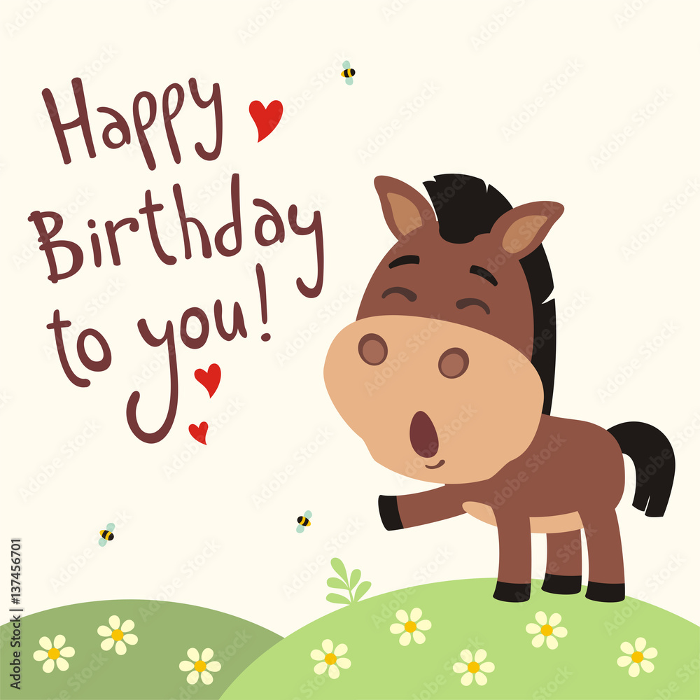 Happy birthday to you! Funny horse sings birthday song with gift in hand.  Card with horse in cartoon style. Stock Vector | Adobe Stock