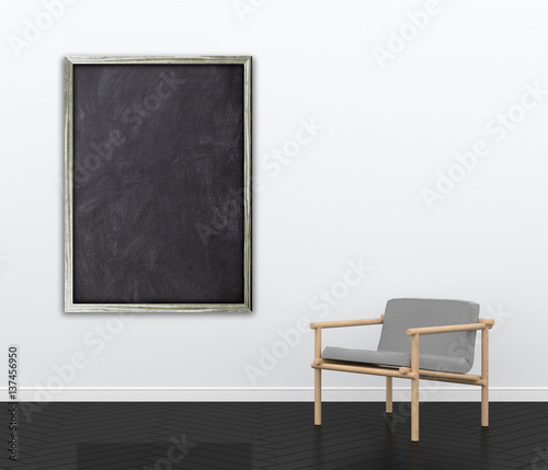 3d interior rendering of blank blackboard frame and wooden armchair