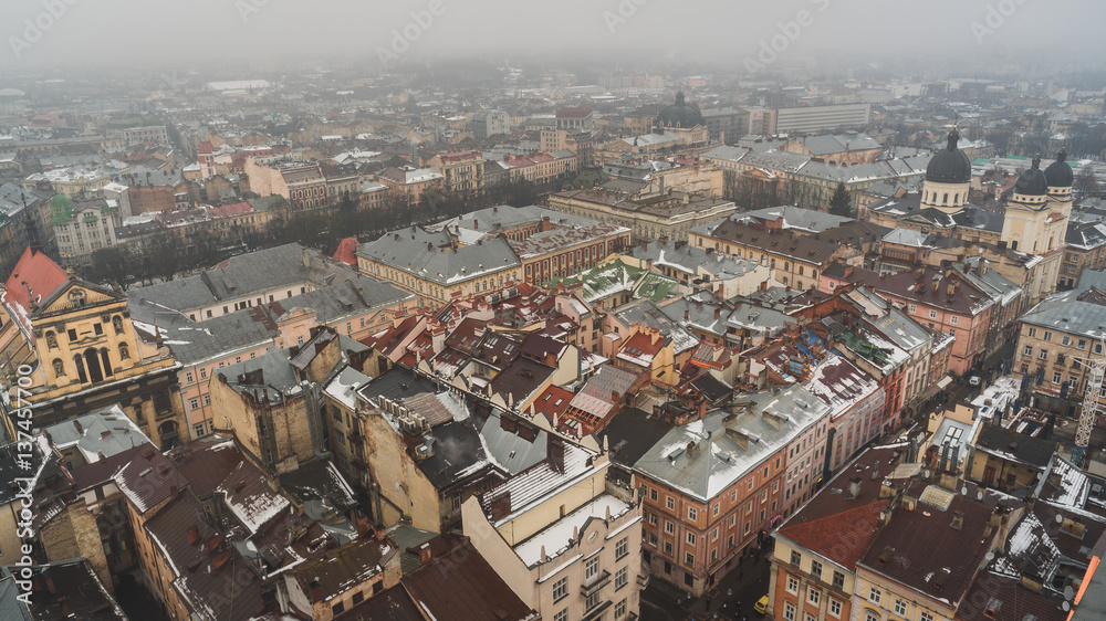 Top view on the old historical center of the city Lviv in Ukraine