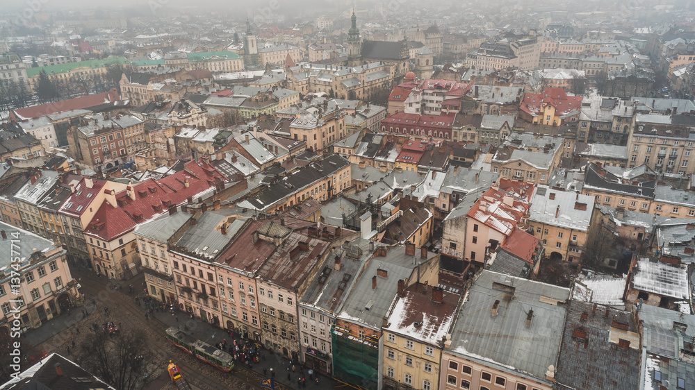 Obraz premium Top view on the old historical center of the city Lviv in Ukraine