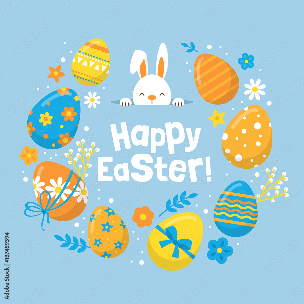 Obraz premium Easter holiday banner design with cute bunny and eggs decorations