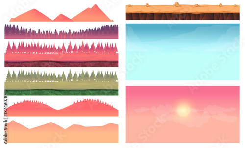 Cartoon nature landscape elements set, platform, trees, sky, hills and forest clip art, isolated on white,2d game application