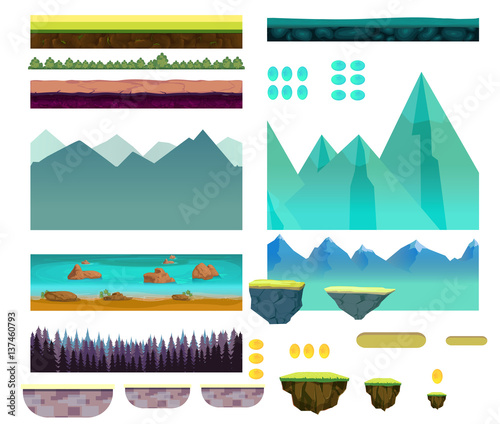 Cartoon nature landscape, vector unending background with ground, hills, river and sky layers. Game elements