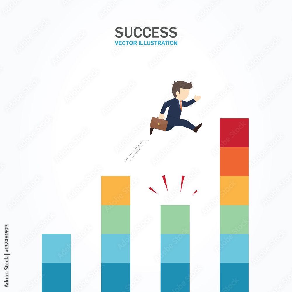 A man jumping across the short piece of bar chart to the tallest bar chart. Success Concept. A man jumping across the short piece of bar chart to the tallest bar chart. Success Concept.
