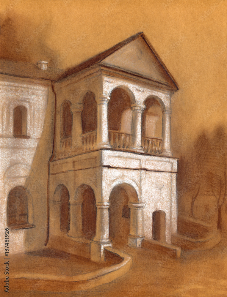 Chalk drawing. Facade of an ancient building
