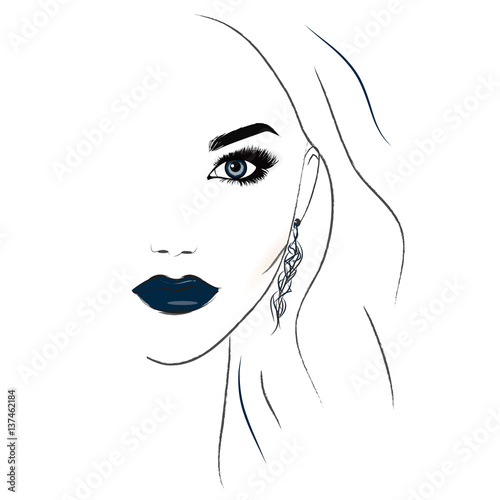 Stylish original portrait with beautiful young attractive girl model for design. Fashion, style, beauty. Sketch drawing. Sexy woman. Vector fashion illustration.