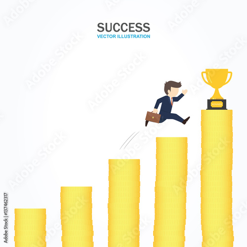 A man is running toward to the trophy at the tallest money post. Success Concept.