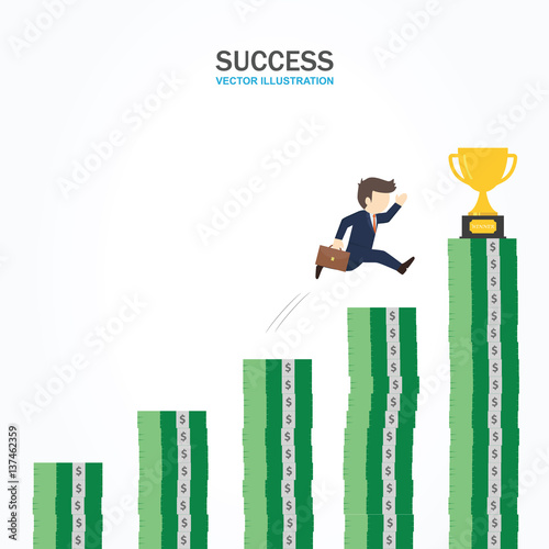 A man is running toward to the trophy at the tallest money post. Success Concept.