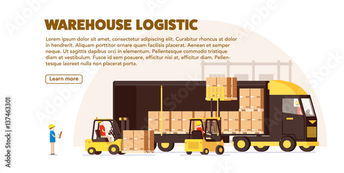warehouse logistic background car human forklift boxes workers