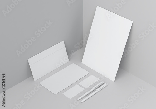 Base white stationery mock-up template for branding identity in grey corner for graphic designers presentations and portfolios. 3D rendering.
