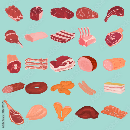 Realistic meat slices and meat products color flat icons set. For web and mobile design
