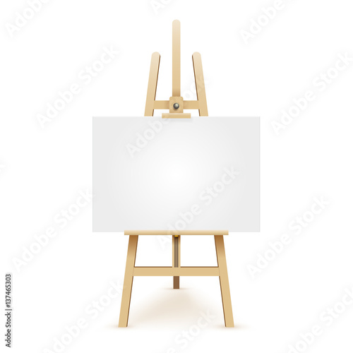 Wooden easel with mock up empty blank canvas isolated on white background. Vector illustration EPS 10.