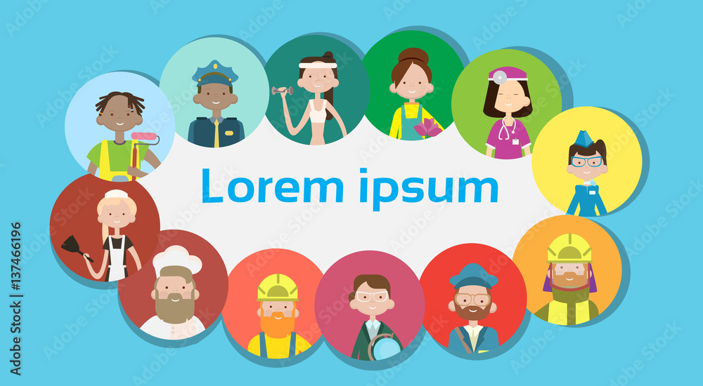 People Group Different Occupation Icon Set, Employees Mix Race Workers Banner Flat Vector Illustration People Group Different Occupation Icon Set, Employees Mix Race Workers Banner Flat Vector Illustration