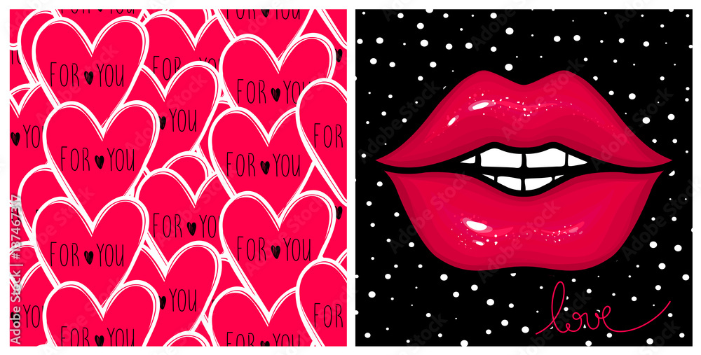 Vektorová grafika „Stylish kit with fashion vector cards. Pink glow  lips,seamless hearts background. Designs for Valentines day,  Birthday.Stylish poster in vogue style. Contrast print.“ ze služby Stock |  Adobe Stock