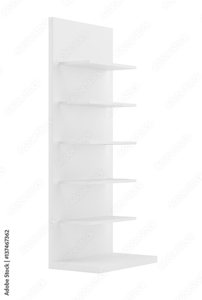 White blank empty showcase displays with retail shelves front view 3D rendering. White blank empty showcase displays with retail shelves front view 3D rendering.