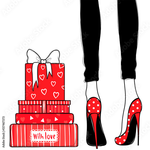 Vector greeting card for holidays design. Fashion illustration with cute girl in high heels, gift boxes and presents.Best design for Valentines day,Happy Birthday. Stylish poster.Female legs in shoes.