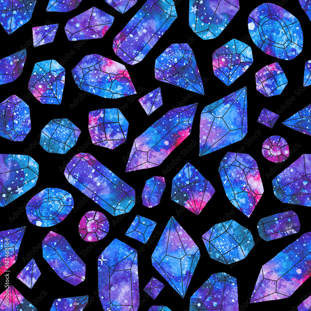 Watercolor seamless pattern with galaxy crystals