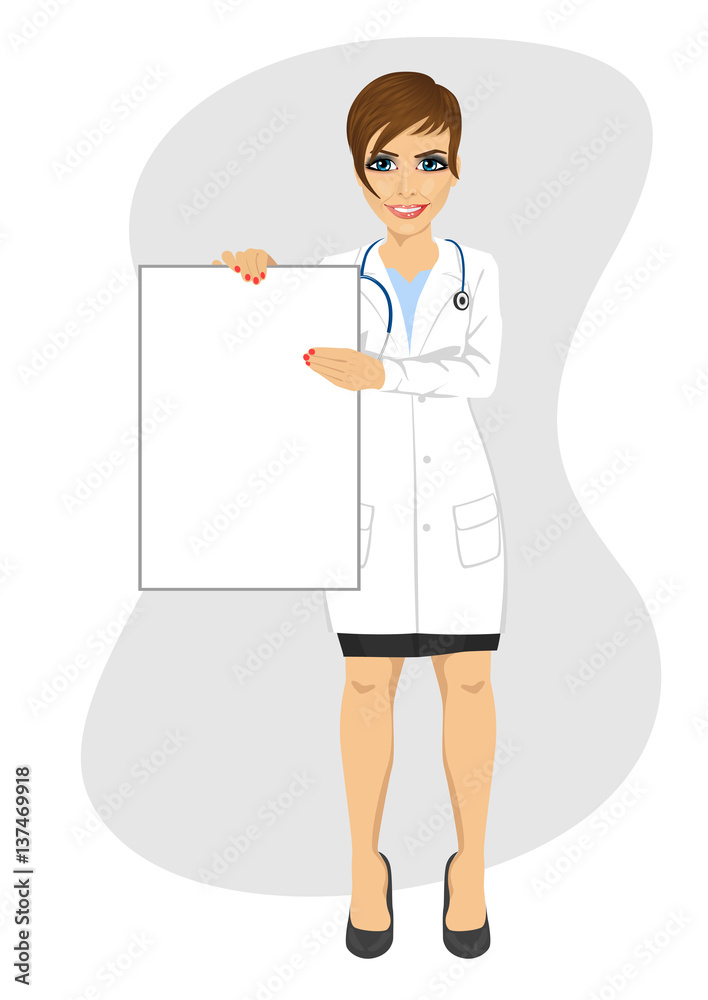 young female doctor holding empty blank board young female doctor holding empty blank board