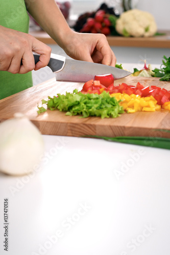 Close up of woman's hands cooking in the kitchen. Housewife slicing ​​fresh salad. Vegetarian and healthily cooking concept